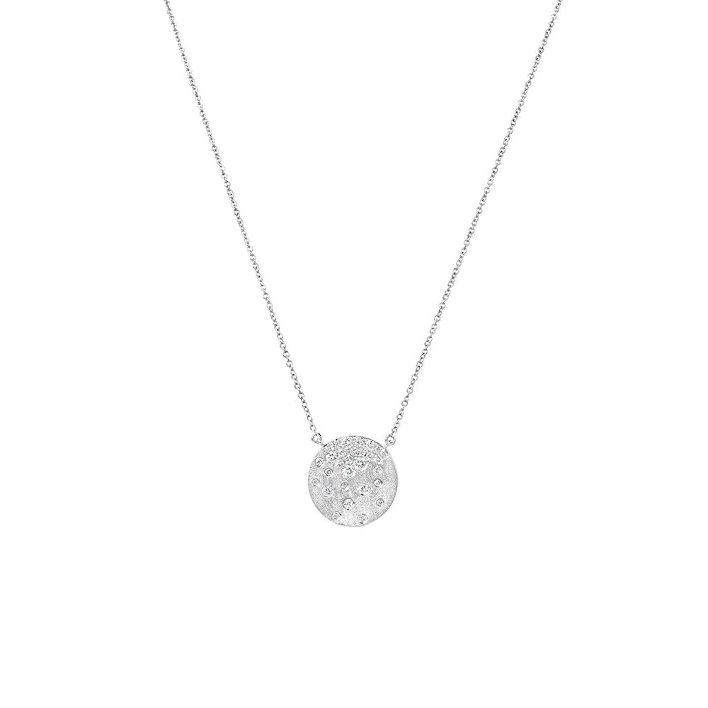 14 Karat White Gold Confetti Disc necklace Flush set diamonds