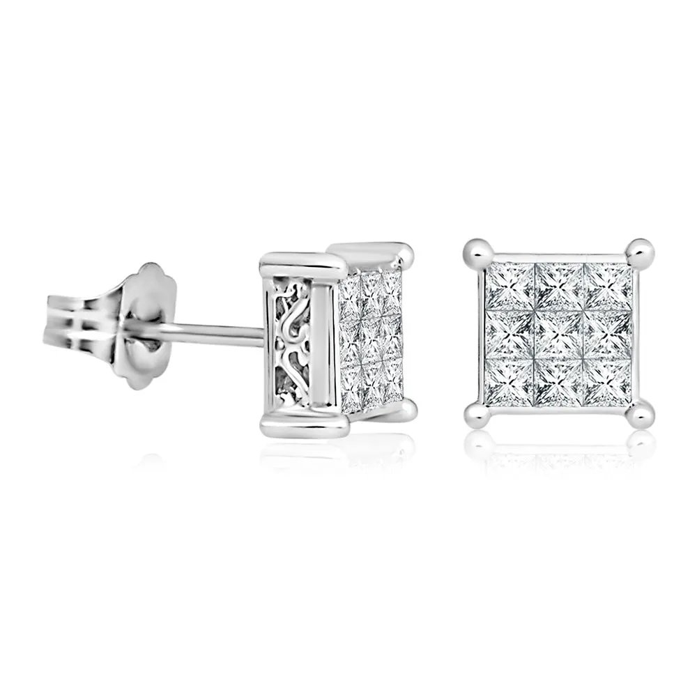 14ct White Gold 1/2 Carat Diamond Stud Square Earrings