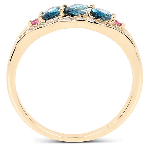 14K Yellow Gold London Blue Topaz Tourmaline & Diamond Ring Size 7