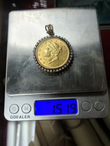 1891 S $20 Twenty Dollar Liberty Head Gold Coin Set in 14K 585 Diamond Pendant