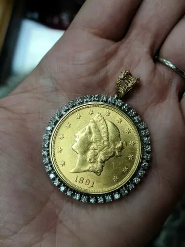 1891 S $20 Twenty Dollar Liberty Head Gold Coin Set in 14K 585 Diamond Pendant