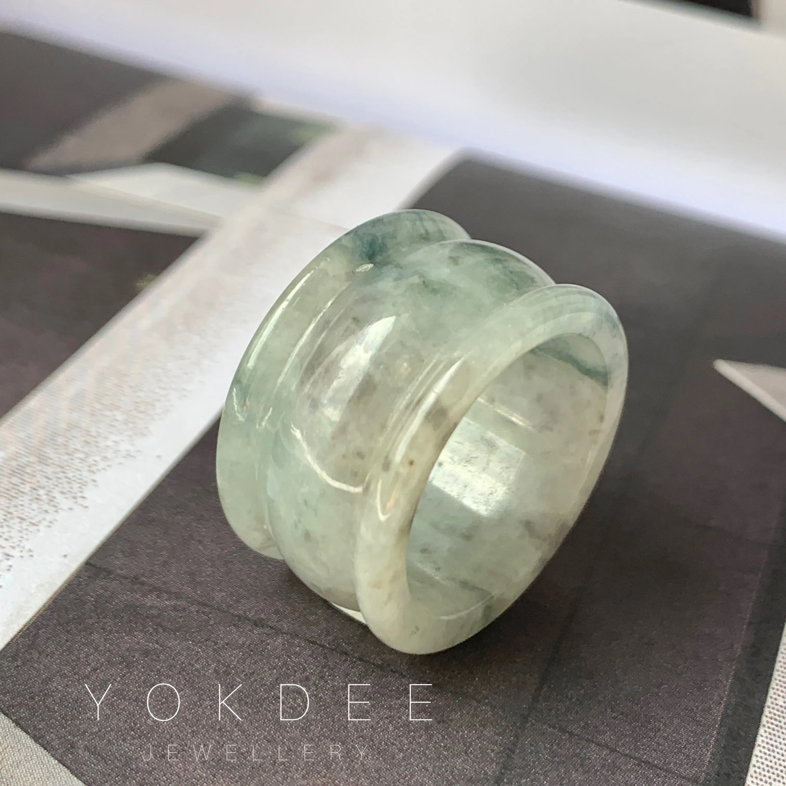 19.3mm A-Grade Natural Light Greyish Green Jadeite Archer Ring Band No.161583