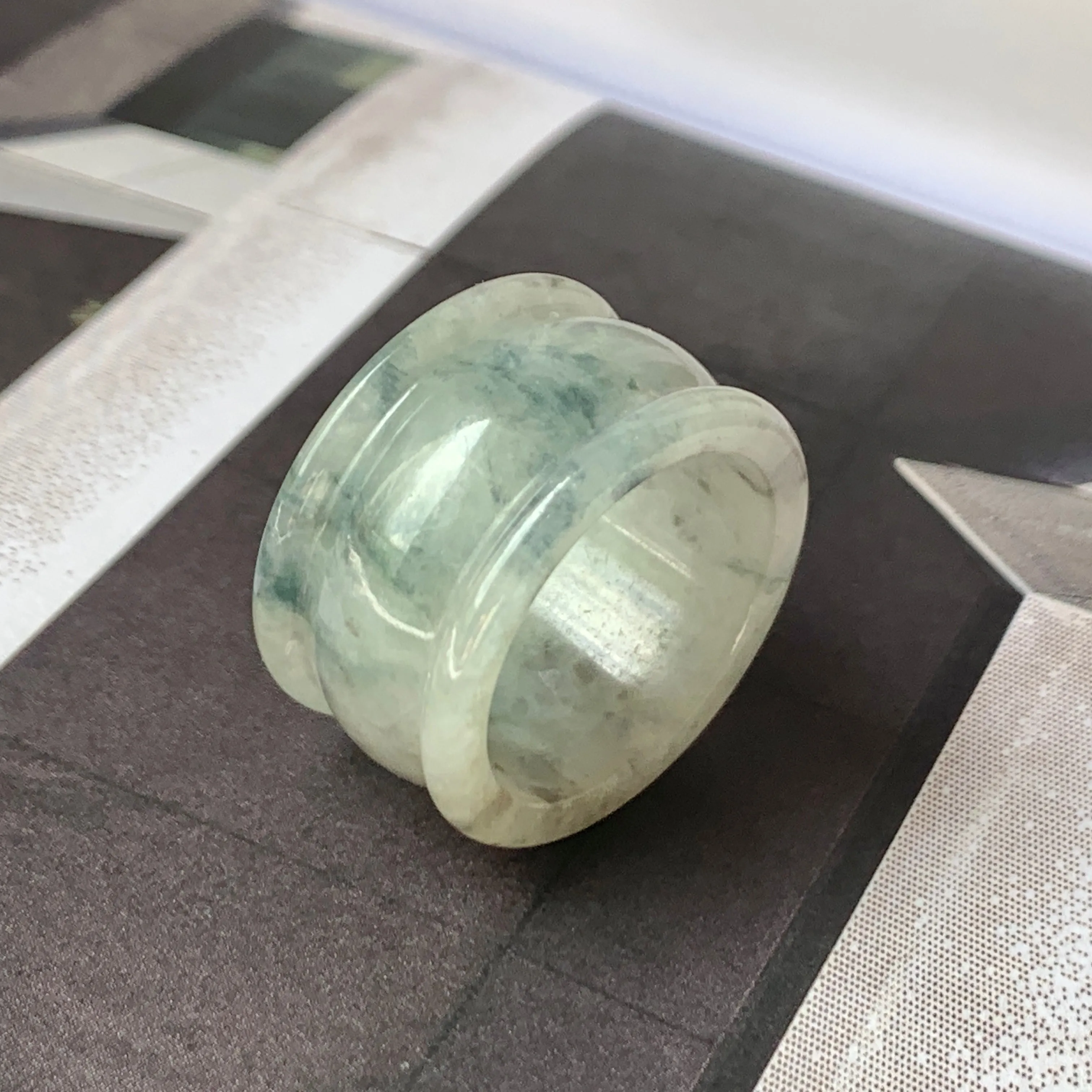 19.3mm A-Grade Natural Light Greyish Green Jadeite Archer Ring Band No.161583