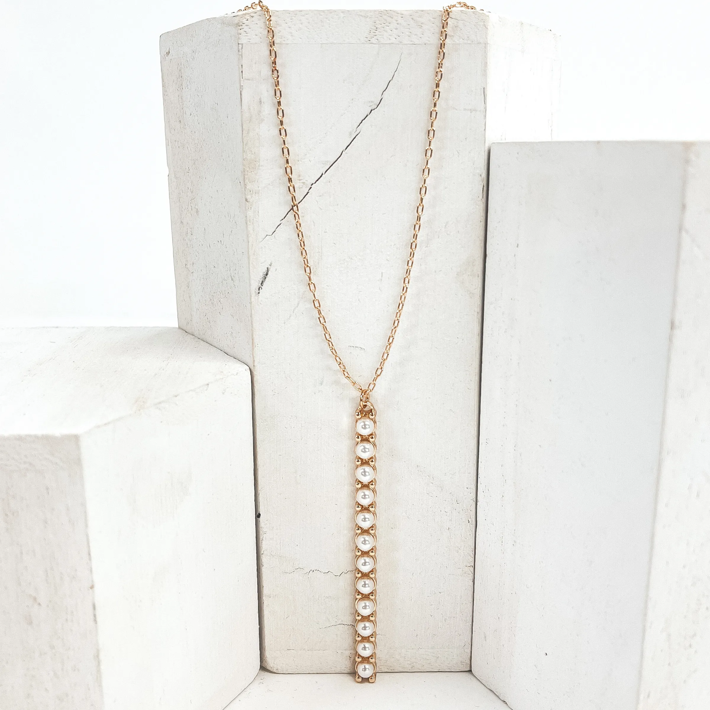 30 Inch Gold Rectangle Pendant Necklace with Pearls