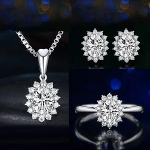 925 Sterling Silver Fashion Crystal Pendant Necklace Earrings and Ring Set