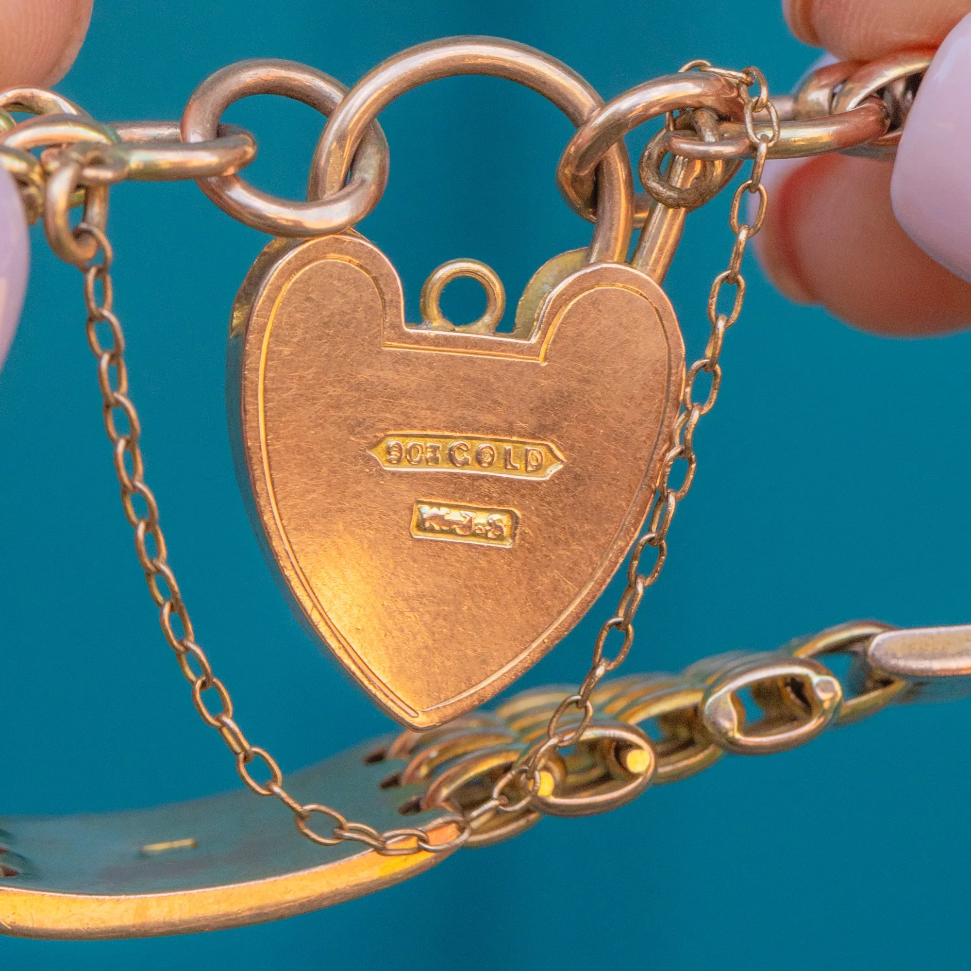 Antique 9ct Gold Engraved Gate Bracelet, Heart Padlock