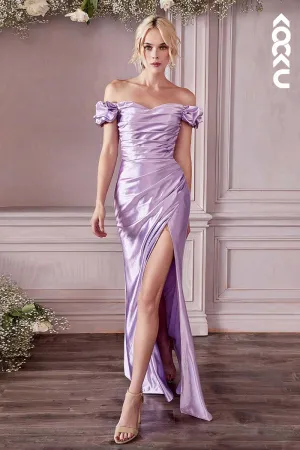 B4017 - Off-Shoulder Ruched Satin Sheath Long Bridesmaid Dress