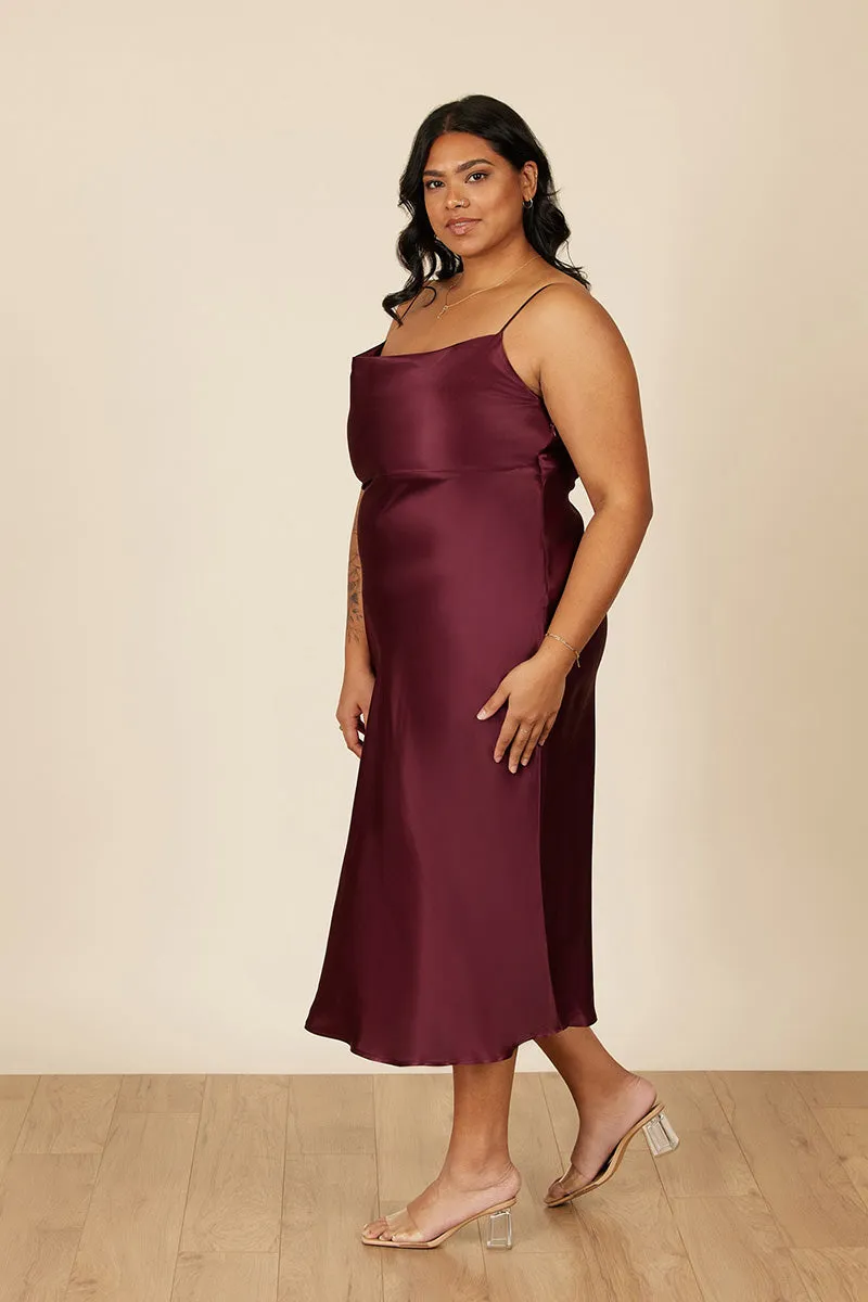 B4087 - Spaghetti Straps Ruched Sheath Satin Midi Bridesmaid Dress