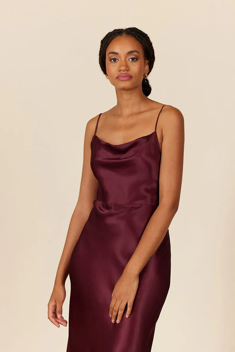 B4087 - Spaghetti Straps Ruched Sheath Satin Midi Bridesmaid Dress