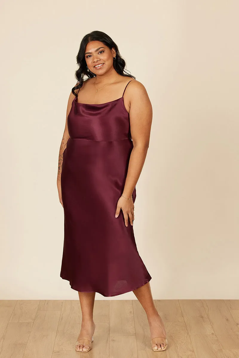 B4087 - Spaghetti Straps Ruched Sheath Satin Midi Bridesmaid Dress