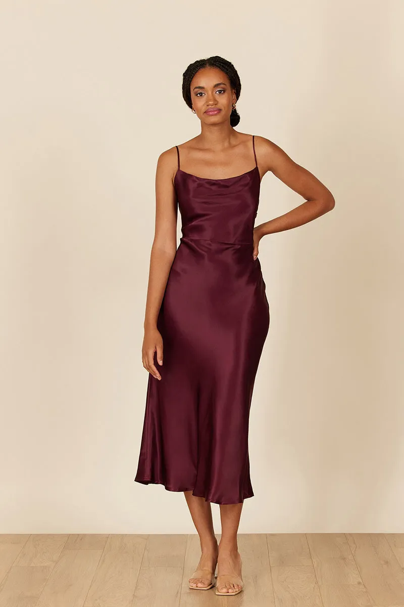 B4087 - Spaghetti Straps Ruched Sheath Satin Midi Bridesmaid Dress