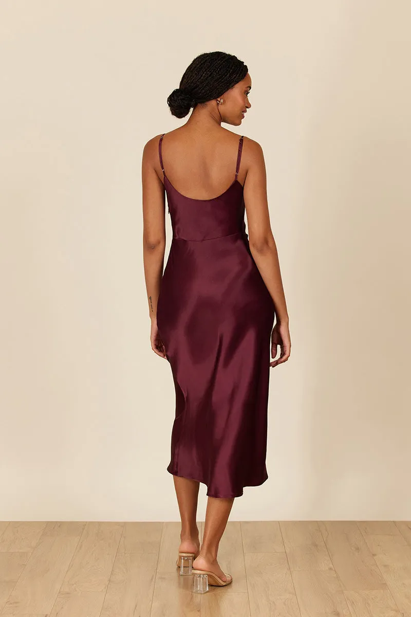 B4087 - Spaghetti Straps Ruched Sheath Satin Midi Bridesmaid Dress