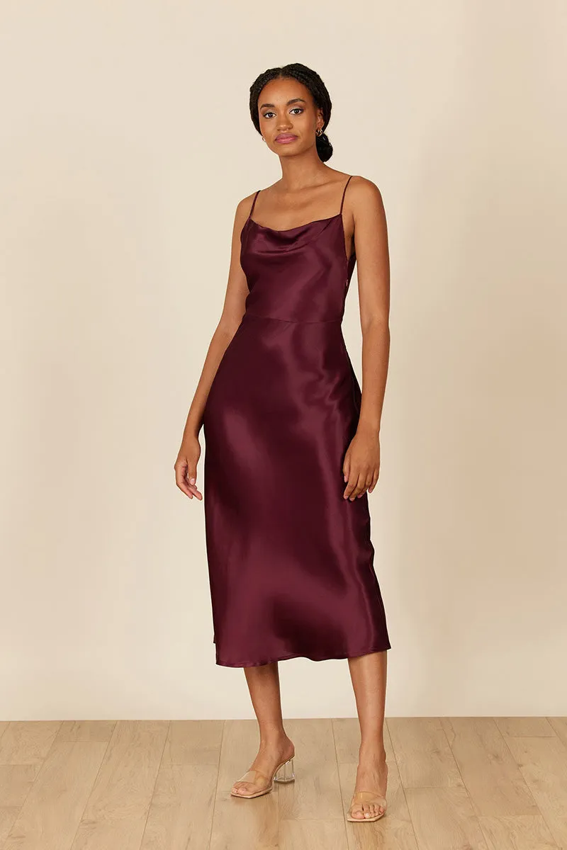 B4087 - Spaghetti Straps Ruched Sheath Satin Midi Bridesmaid Dress