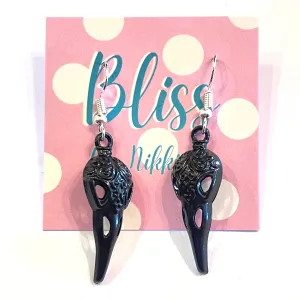 Black Embossed Corvid Skull Charm Earrings