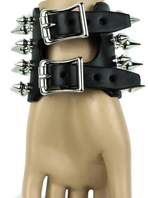 Black Leather Bracelet w/ 4 Rows of Multi-Sized Silver Spikes