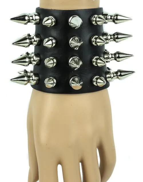 Black Leather Bracelet w/ 4 Rows of Multi-Sized Silver Spikes