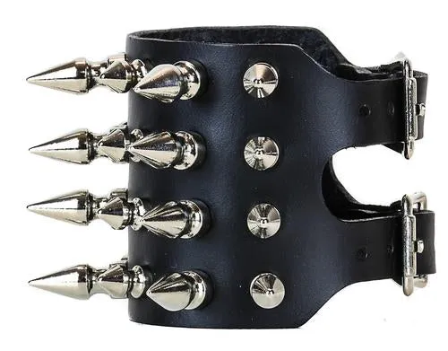 Black Leather Bracelet w/ 4 Rows of Multi-Sized Silver Spikes