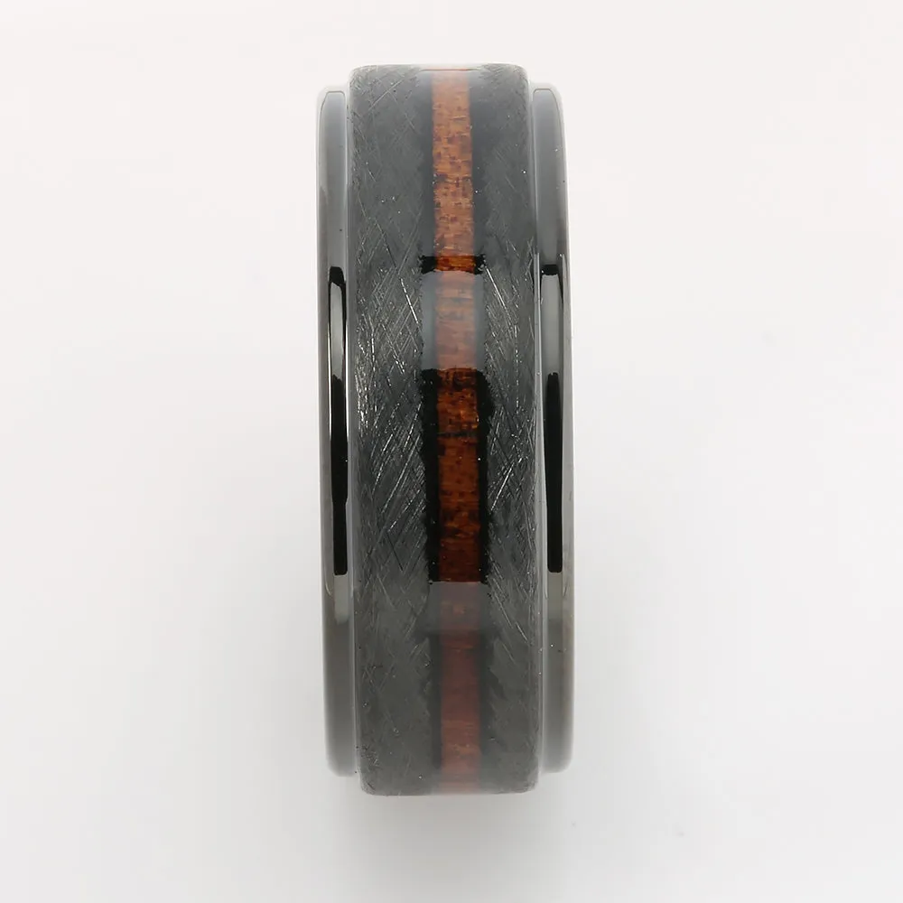 Black Tungsten Hawaiian Koa Wood Inlaid Flat Brushed Wedding Ring 8mm