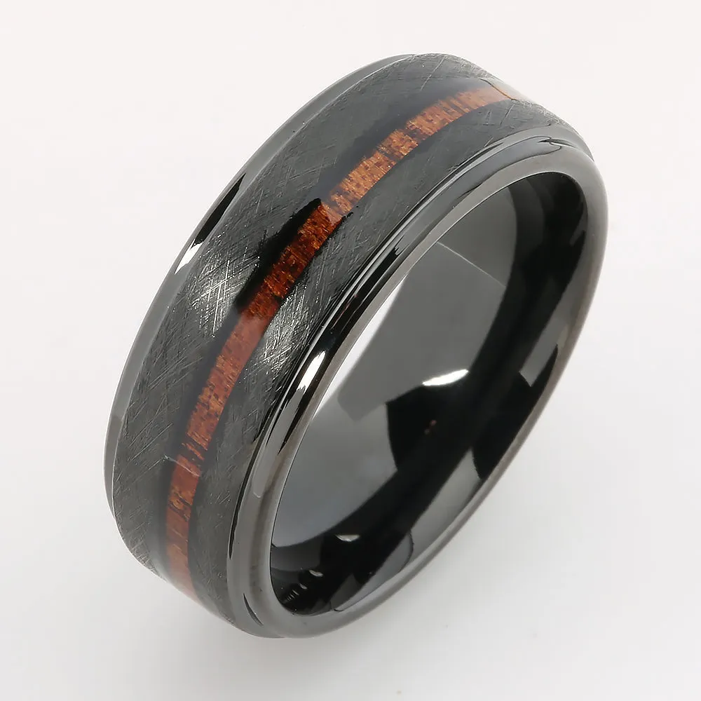 Black Tungsten Hawaiian Koa Wood Inlaid Flat Brushed Wedding Ring 8mm