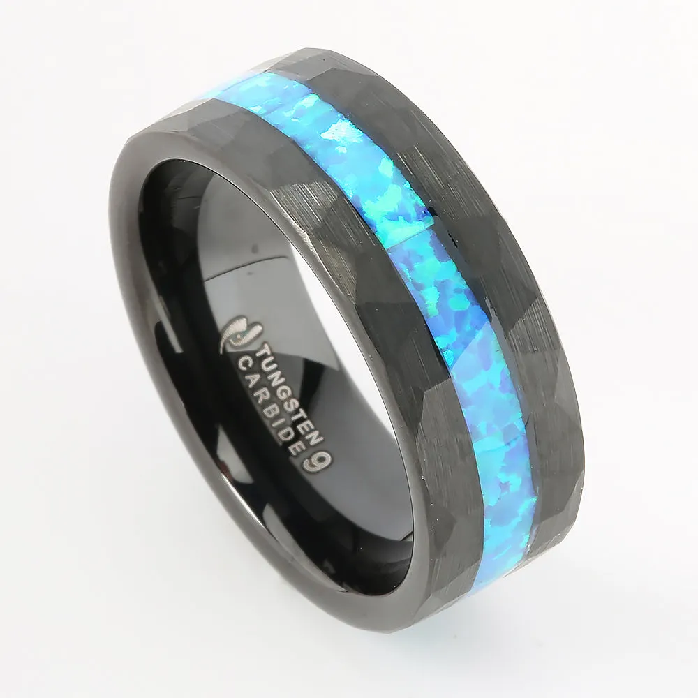 Black Tungsten Opal Inlaid Diamond Cut Flat Wedding Ring 8mm