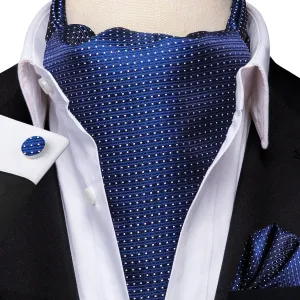 Blue White Dot Ascot Pocket Square Cufflinks Set