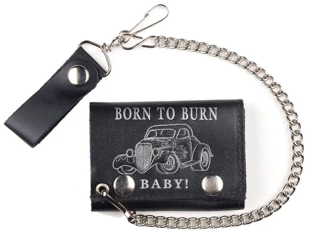 BORN TO BURN VINTAGE CAR TRIFOLD LEATHER WALLETS WITH CHAIN