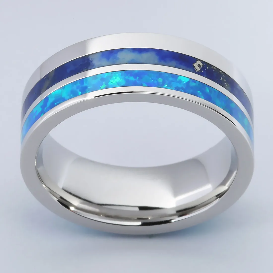 Cobalt Wedding Ring with Opal and Lapis Lazuli Flat 8mm