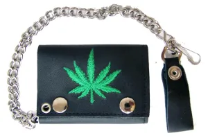 EMBROIDERED GREEN MARIJUANA LEAF TRIFOLD LEATHER WALLET WITH CHAIN