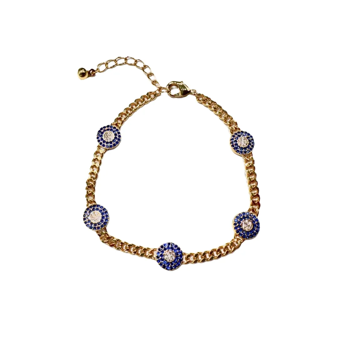 Gold Plated Cuban Link Bracelet with 5 Round CZ Stone Tablets