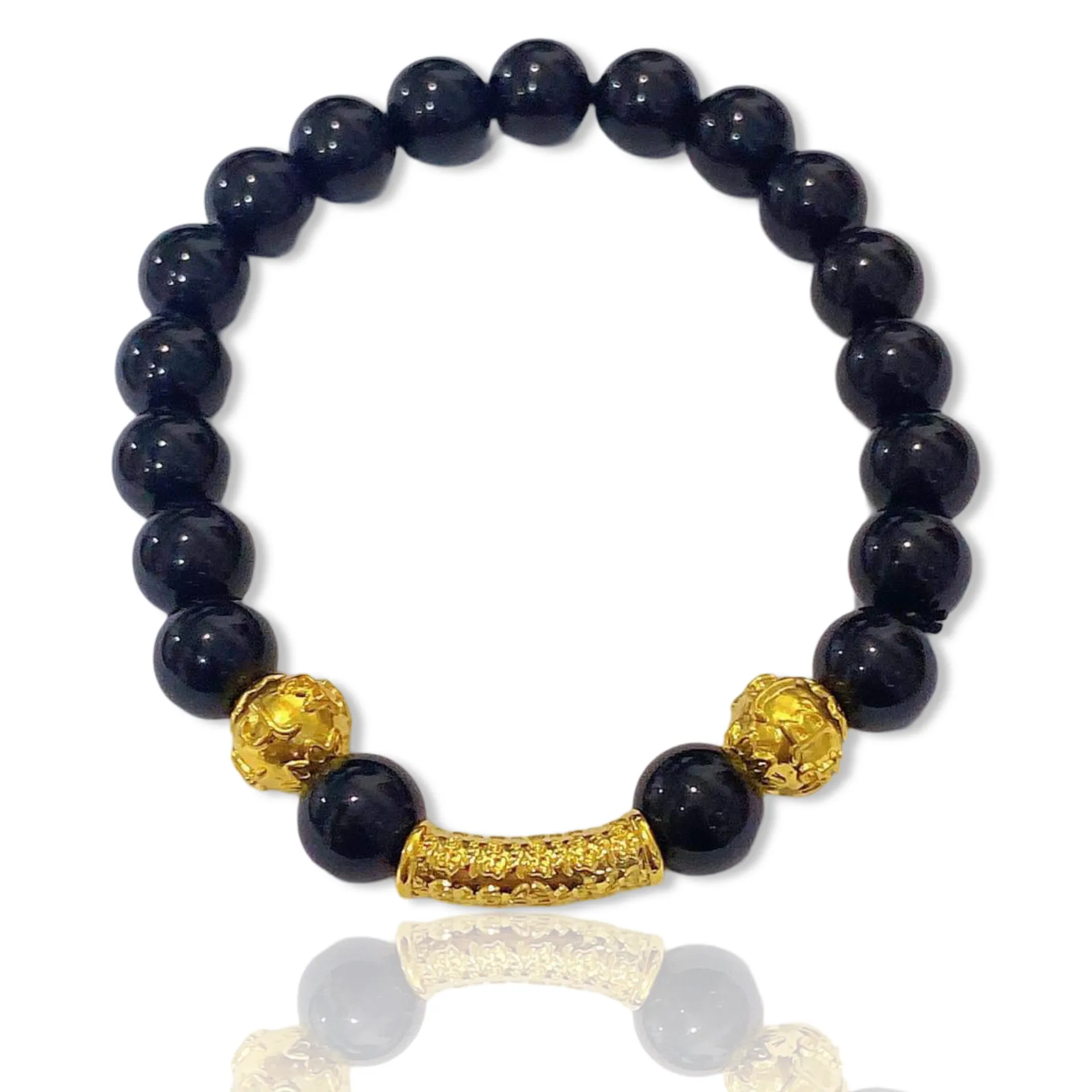 #GOLD2024 | 24kt Gold Tube &  Balls Black Onyx Beads Gemstones Bracelet