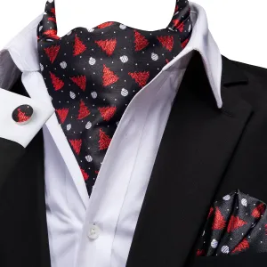 Hi-Tie Black Red Christmas Tree Ascot Pocket Square Cufflinks Set