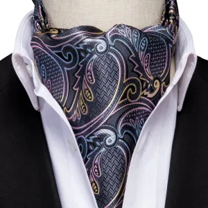 Hi-Tie Grey Pink Paisley Silk Ascot Tie Pocket Square Cufflinks Set