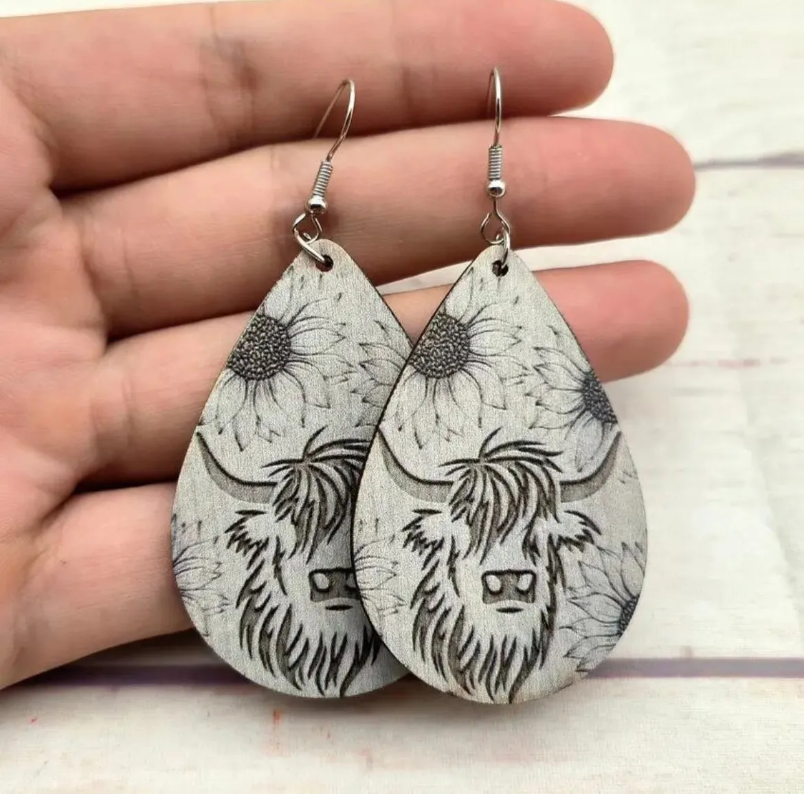 Highland Bloom Wooden Cow Earrings