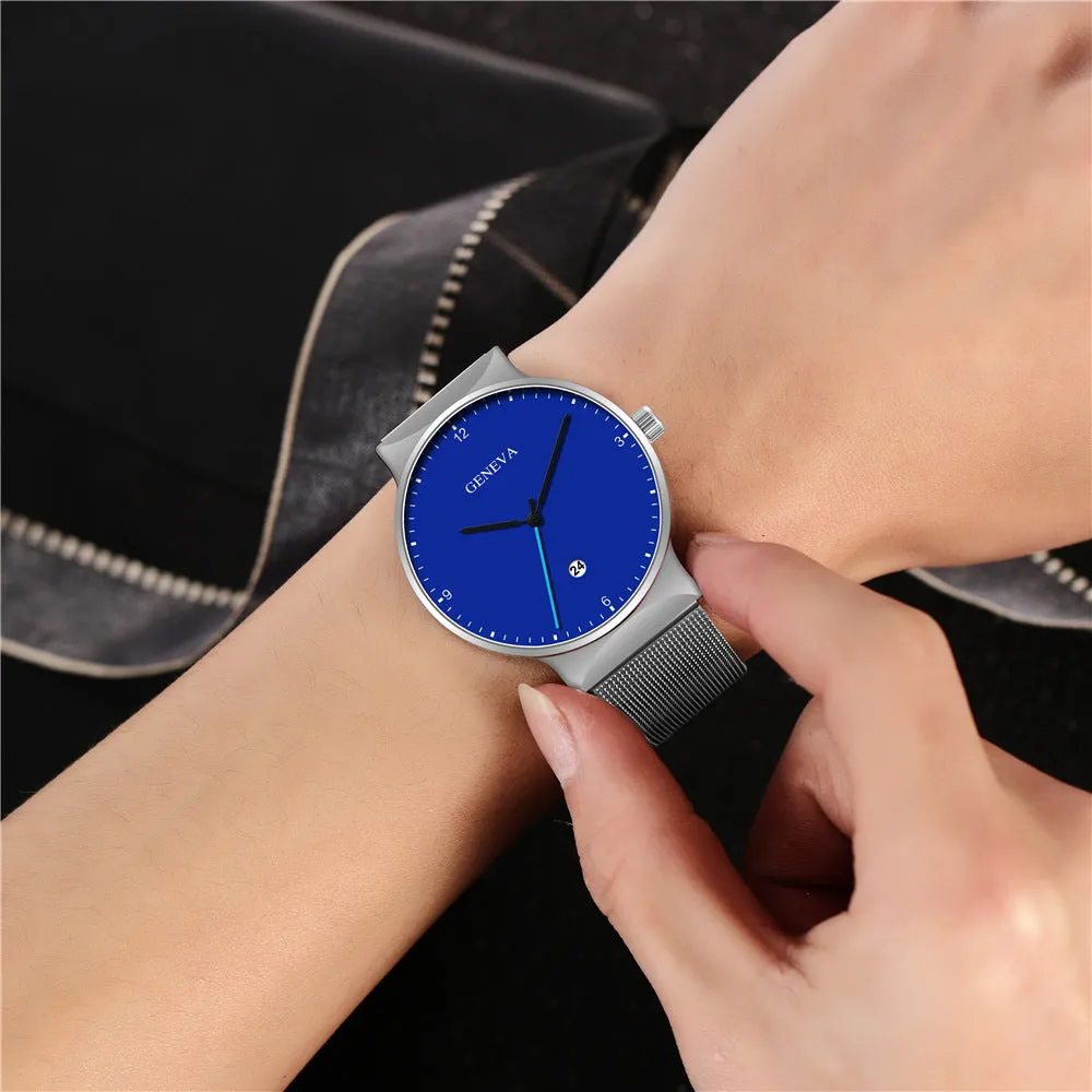 Men's Large Watch Fashionable Simple Alloy Mesh Calendar Watch