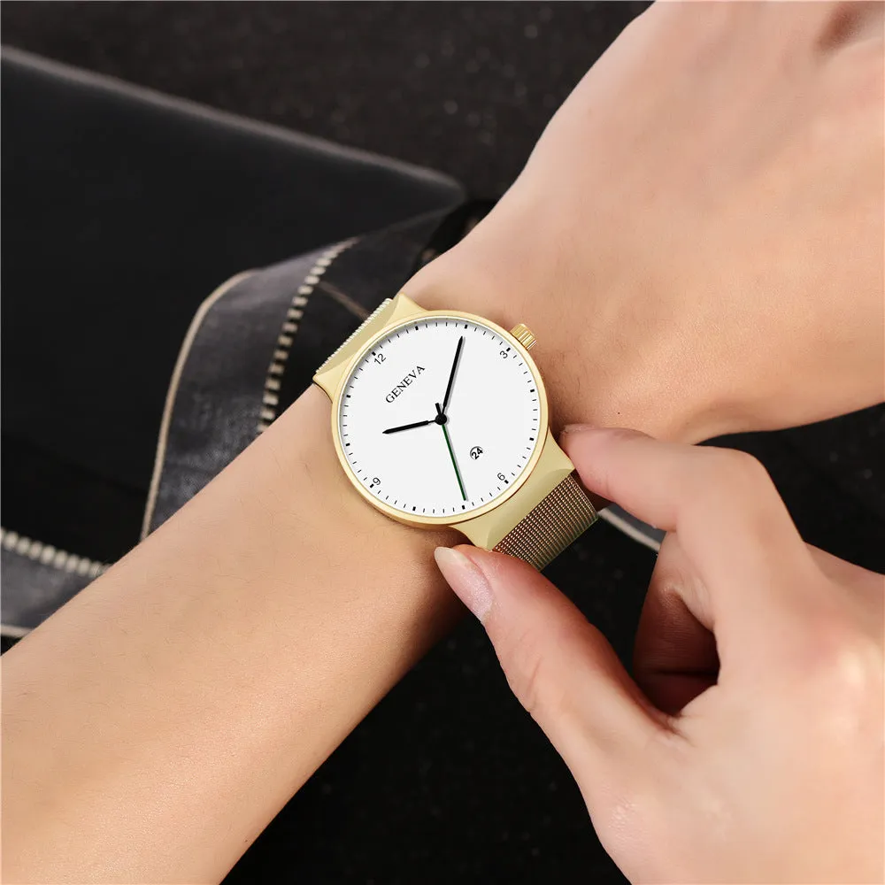 Men's Large Watch Fashionable Simple Alloy Mesh Calendar Watch