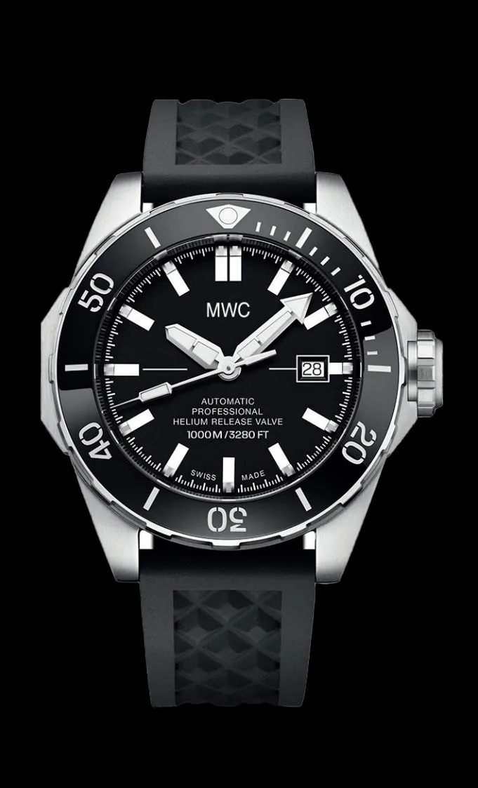 MWC 100atm / 3,280ft / 1000m Water Resistant Divers Watch in Stainless Steel Case with Helium Valve on Silicon Strap / 100% Swiss Made with a Sellita SW200 26 Jewel Automatic Movement