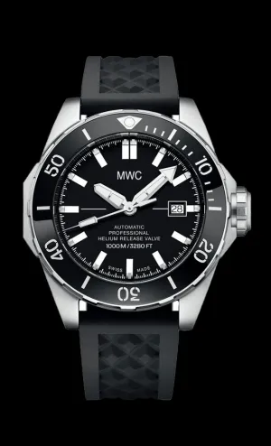 MWC 100atm / 3,280ft / 1000m Water Resistant Divers Watch in Stainless Steel Case with Helium Valve on Silicon Strap / 100% Swiss Made with a Sellita SW200 26 Jewel Automatic Movement