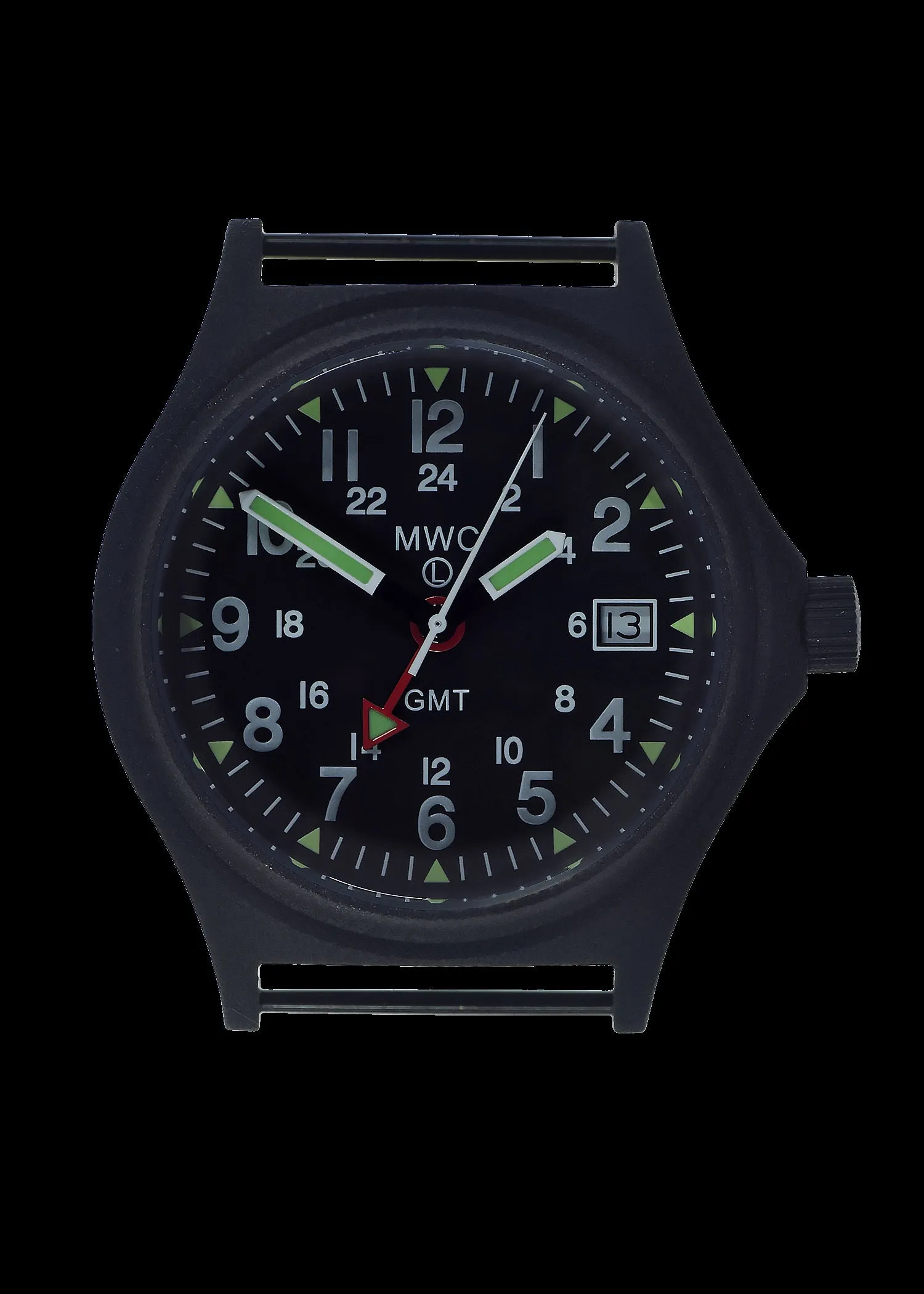 MWC GMT (Dual Time Zone) 100m Water resistant Military Watch in Black PVD Steel Case with Screw Crown