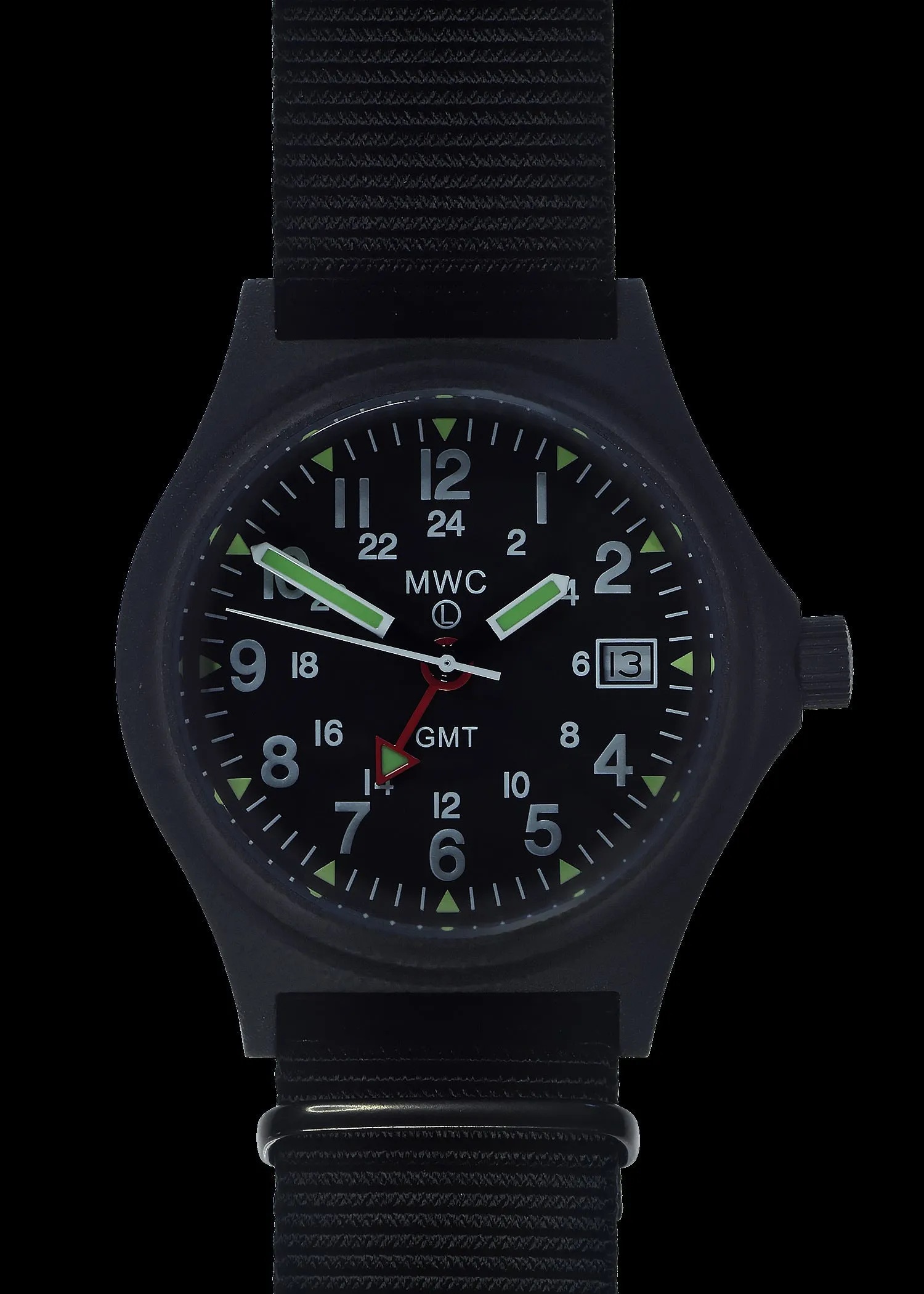 MWC GMT (Dual Time Zone) 100m Water resistant Military Watch in Black PVD Steel Case with Screw Crown