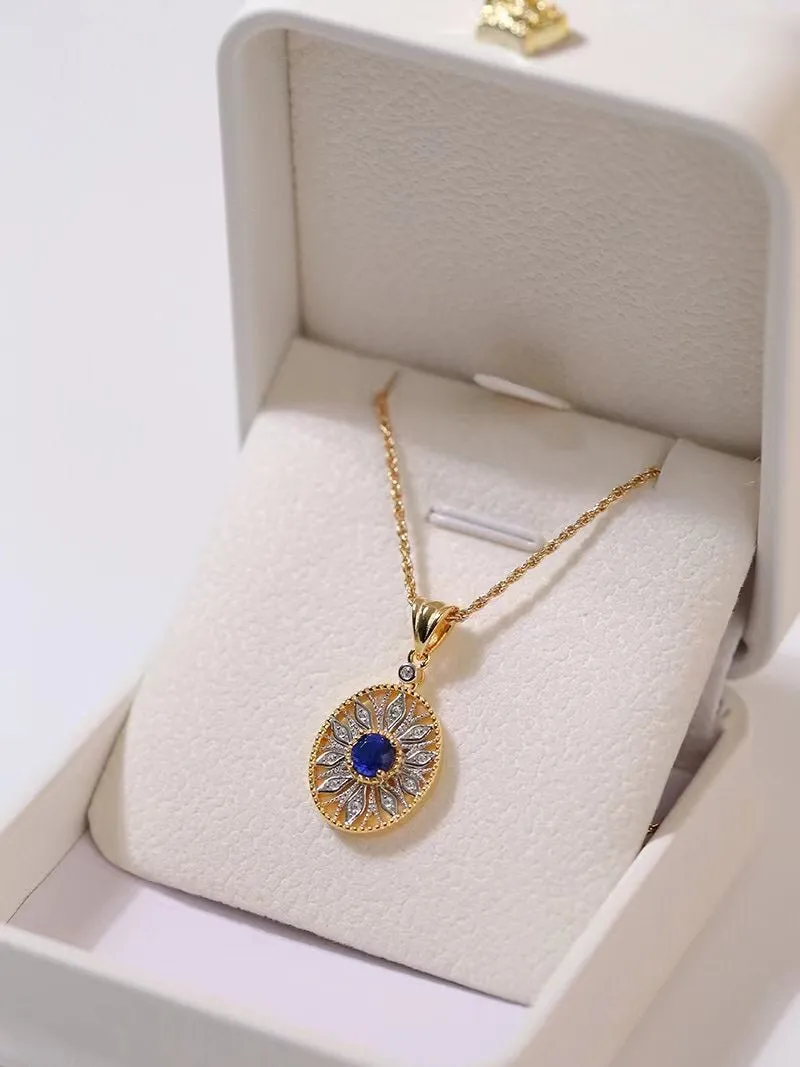 Oval Hollow Silver Petal Wrapped Sapphire Pendant Necklace