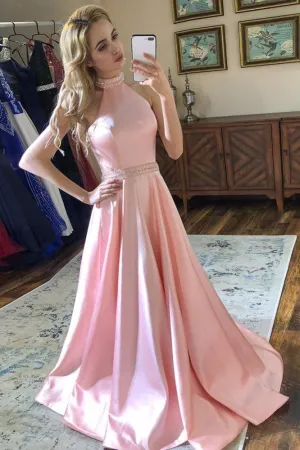 Pink Satin Prom Party Dresses with Beaded Halter Neckline