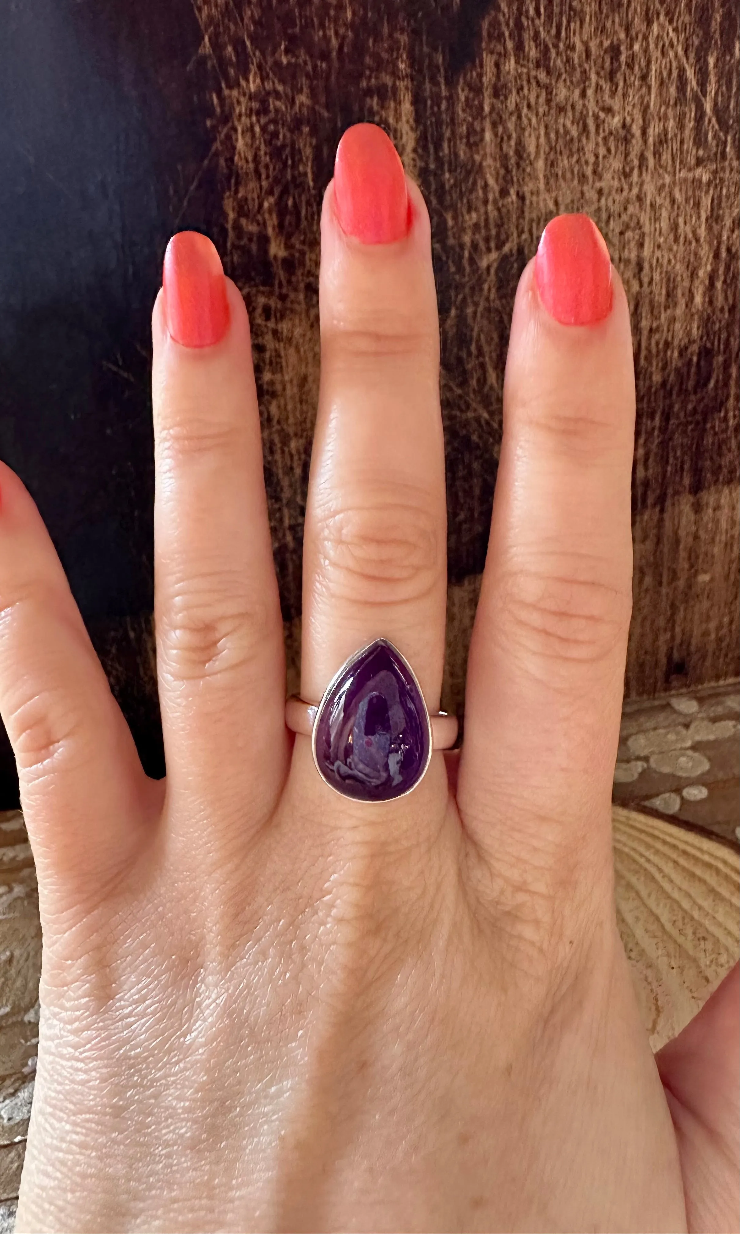 ROUND TEARDROP Amethyst Sterling Silver Ring • Size 8