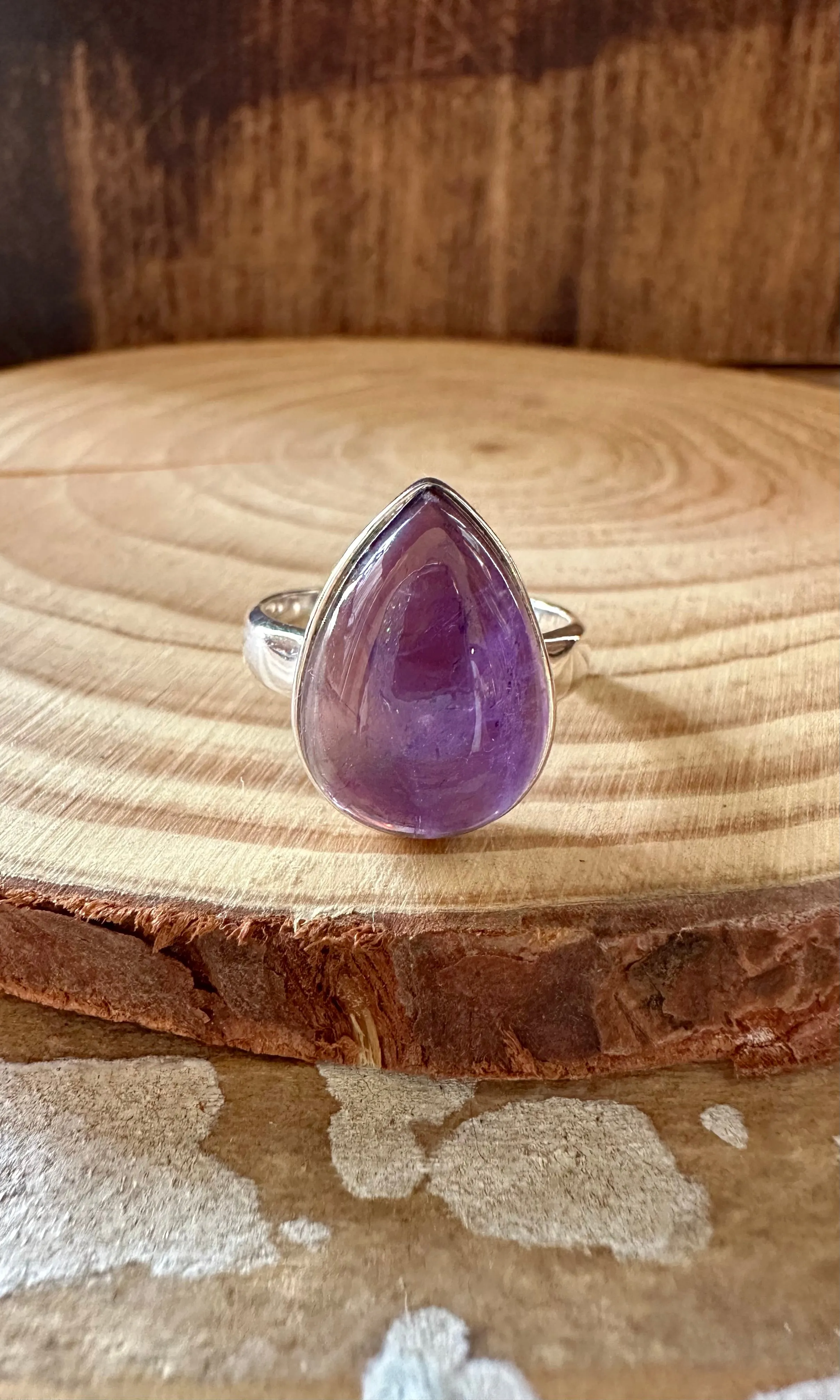 ROUND TEARDROP Amethyst Sterling Silver Ring • Size 8