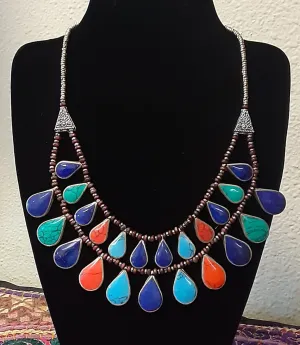 Traditional﻿ Necklace from Afghanistan ~ 2 Rows Multi-Stone Drops