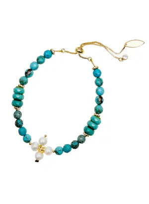 Turquoise with Flower Pearls Adjustable Bracelet JB020