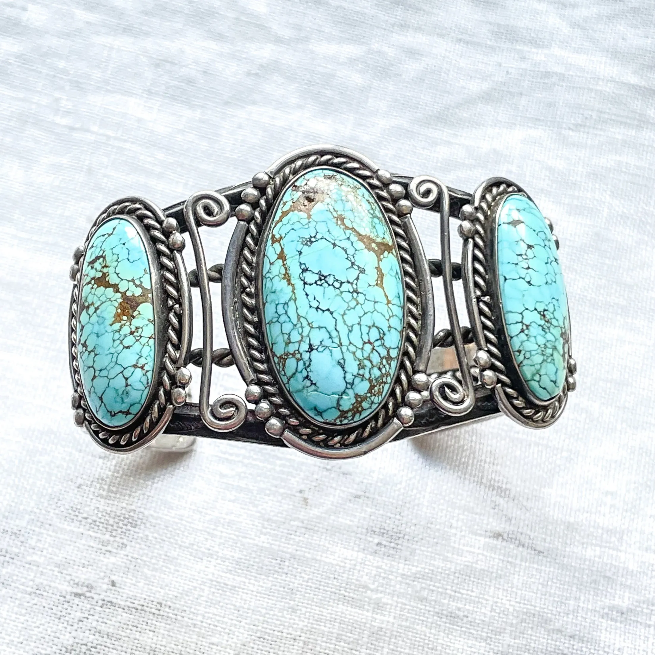 Vintage 1940s Navajo #8 Turquoise Silver Native American Cuff Bracelet 59.5 Grams