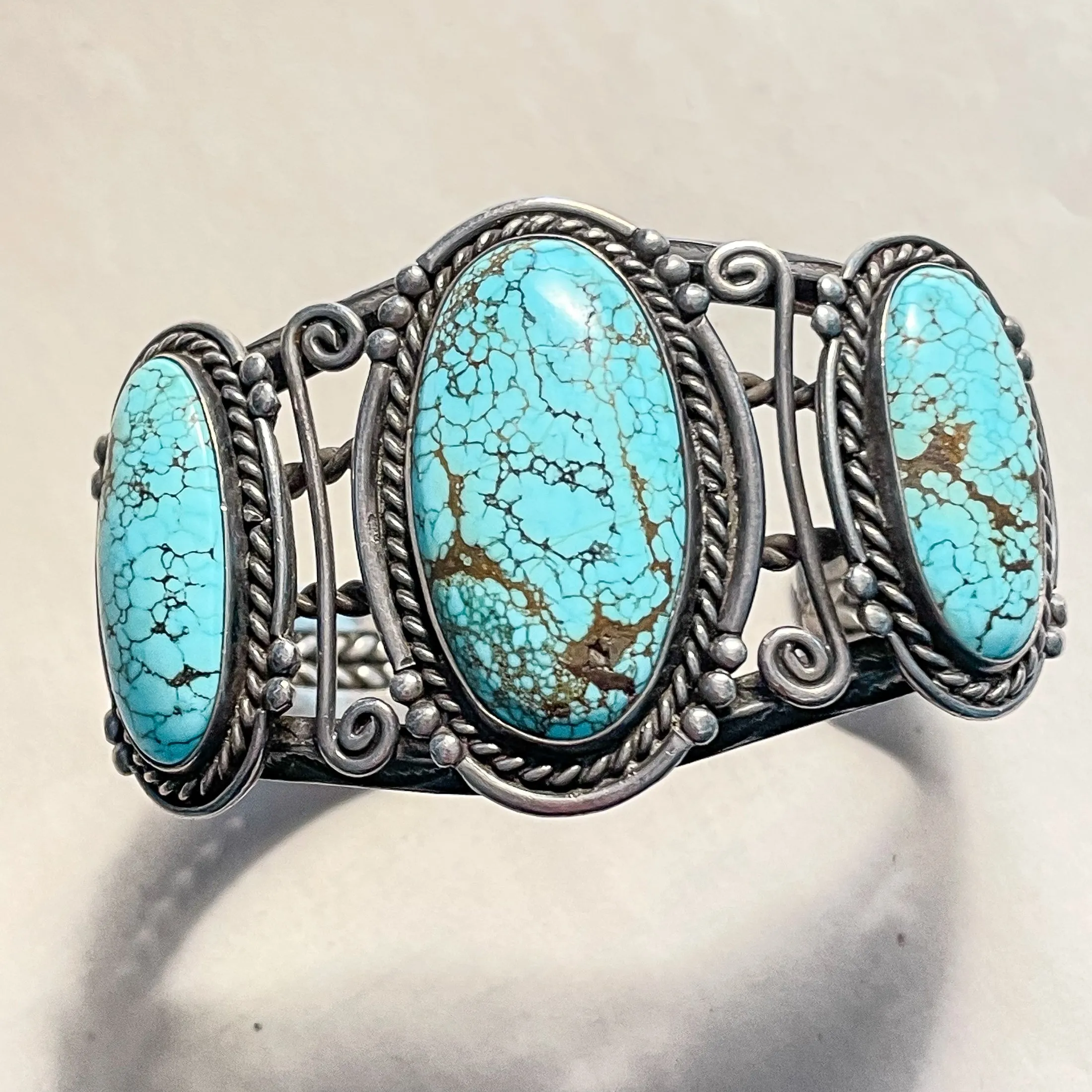 Vintage 1940s Navajo #8 Turquoise Silver Native American Cuff Bracelet 59.5 Grams