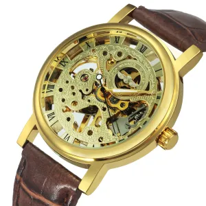 WINNER Watch Men's Hand-wind Mechanical Fashion Hollow Watch Luminous Leather Strap Watch